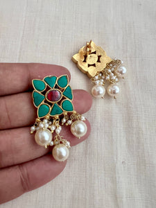 Gold polish turquoise and ruby studs with pearls-Earrings-CI-House of Taamara