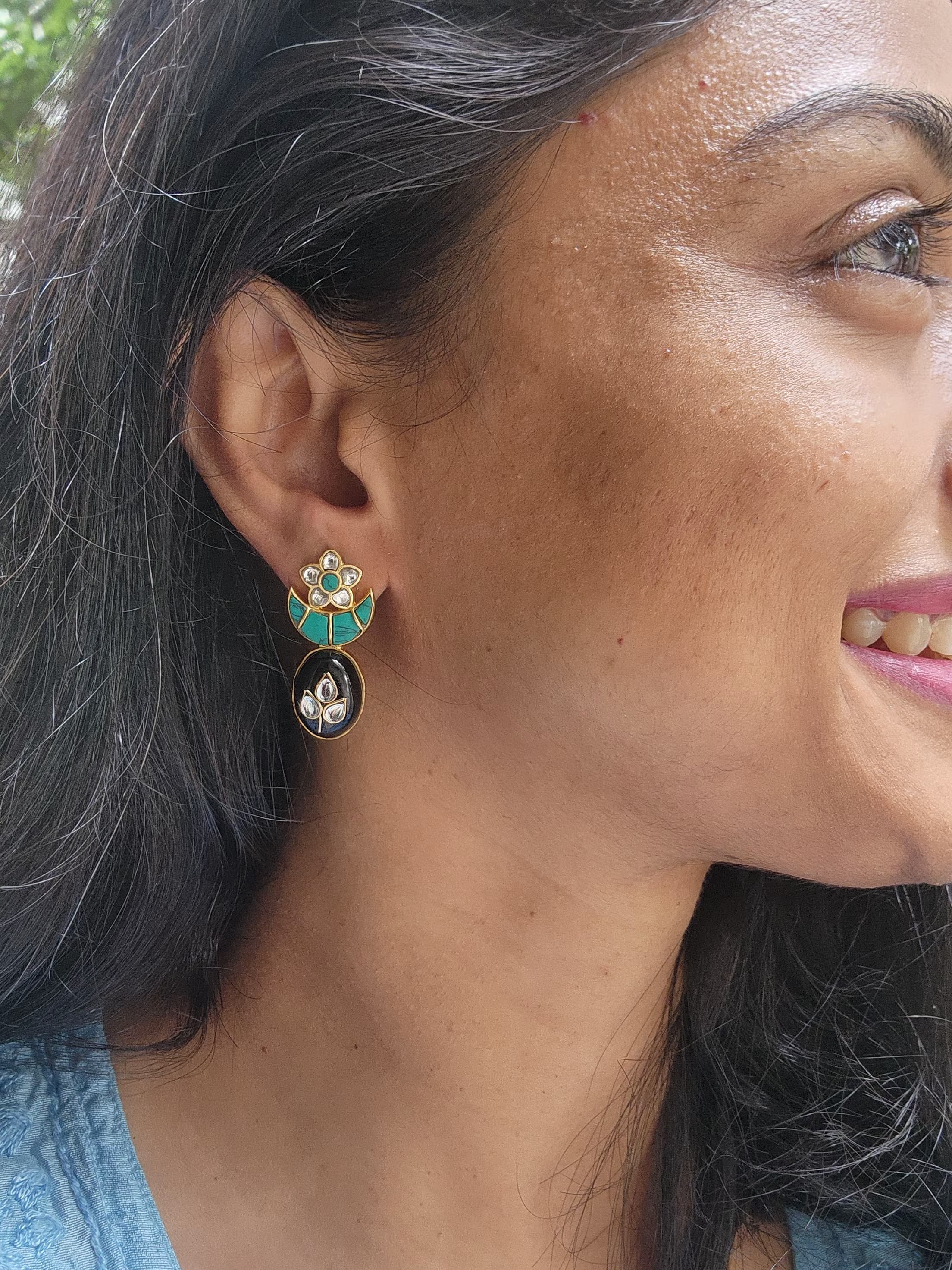 Gold polish turquoise & black onyx kundan inlay work studs-Earrings-CI-House of Taamara