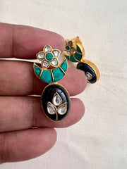 Gold polish turquoise & black onyx kundan inlay work studs-Earrings-CI-House of Taamara