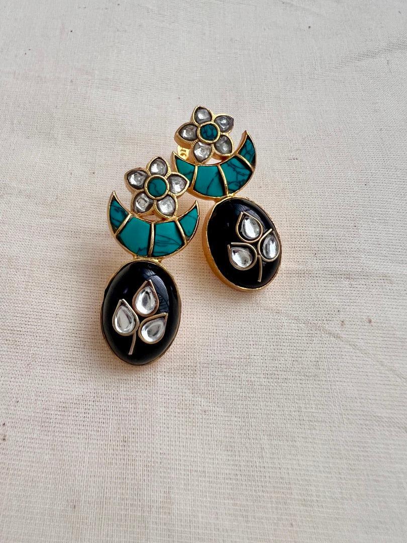 Gold polish turquoise & black onyx kundan inlay work studs-Earrings-CI-House of Taamara