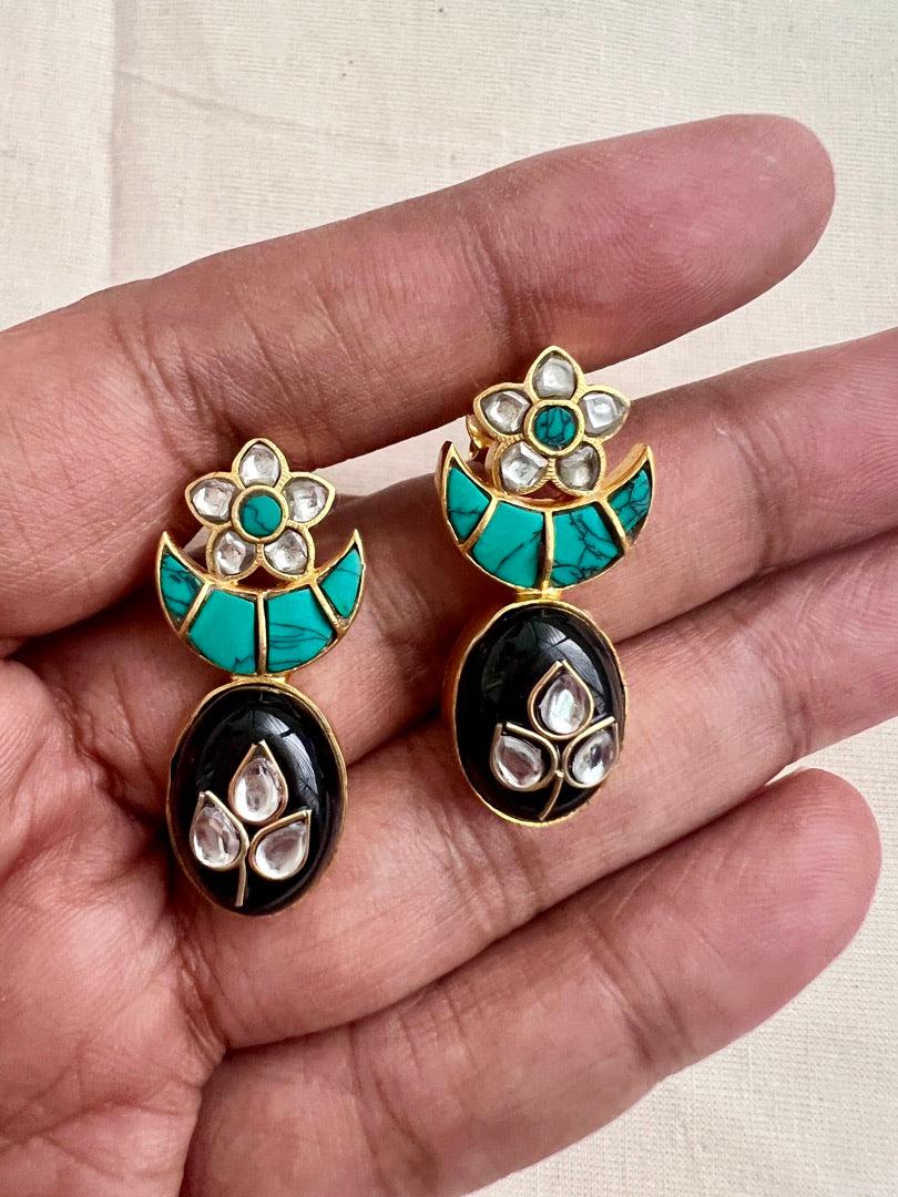 Gold polish turquoise & black onyx kundan inlay work studs-Earrings-CI-House of Taamara