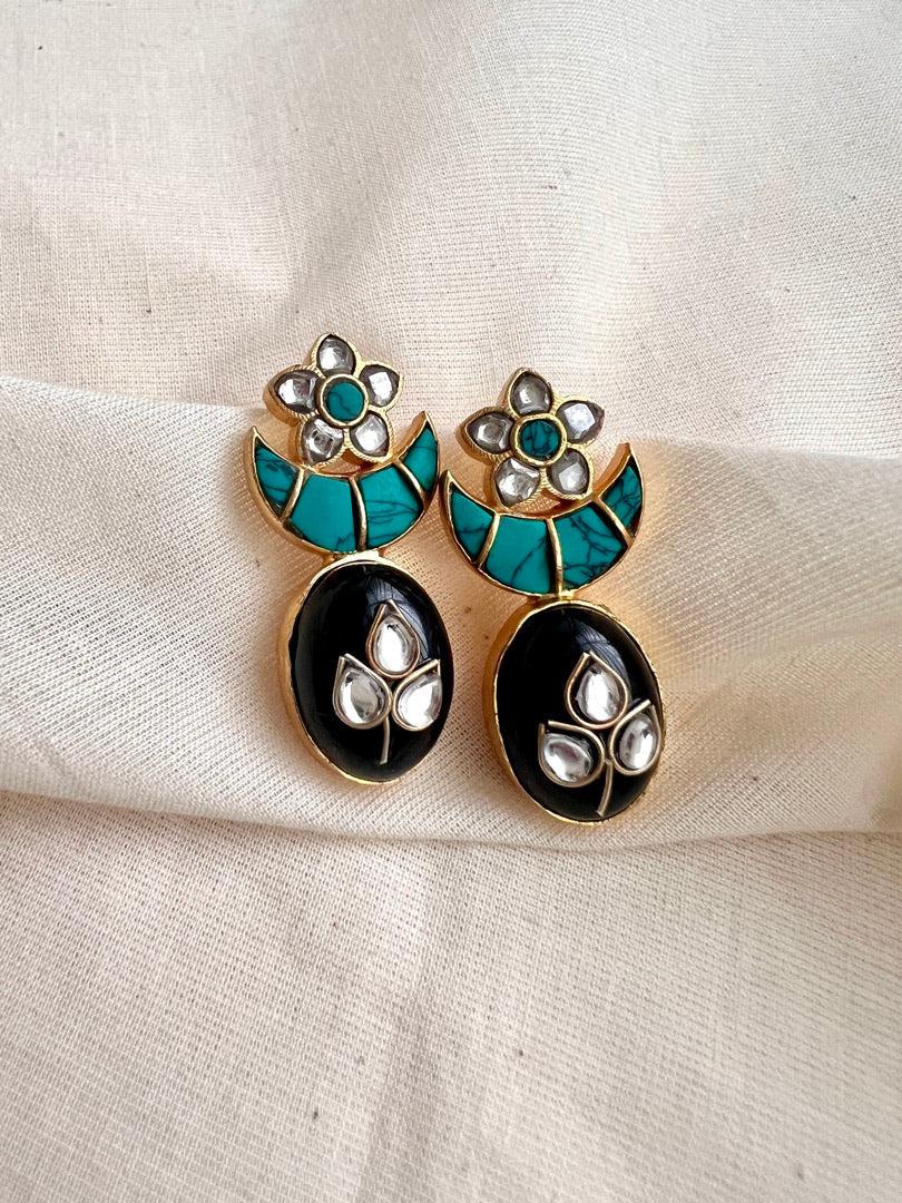 Gold polish turquoise & black onyx kundan inlay work studs-Earrings-CI-House of Taamara