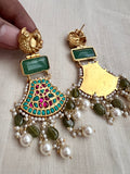 Gold polish turquoise, emerald & ruby hangings with pearls-Earrings-CI-House of Taamara