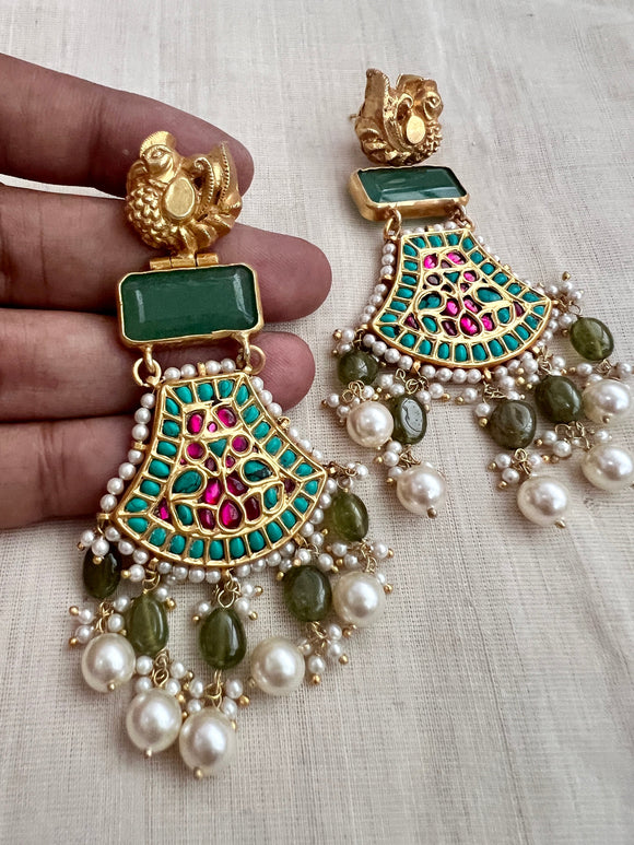 Gold polish turquoise, emerald & ruby hangings with pearls-Earrings-CI-House of Taamara