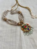 Gold polish turquoise & navrathan style pendant with pearls bunch chain-Silver Neckpiece-CI-House of Taamara