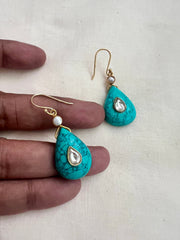 Gold polish turquoise & pearl hook earrings-Earrings-CI-House of Taamara