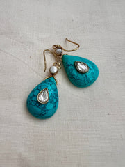 Gold polish turquoise & pearl hook earrings-Earrings-CI-House of Taamara