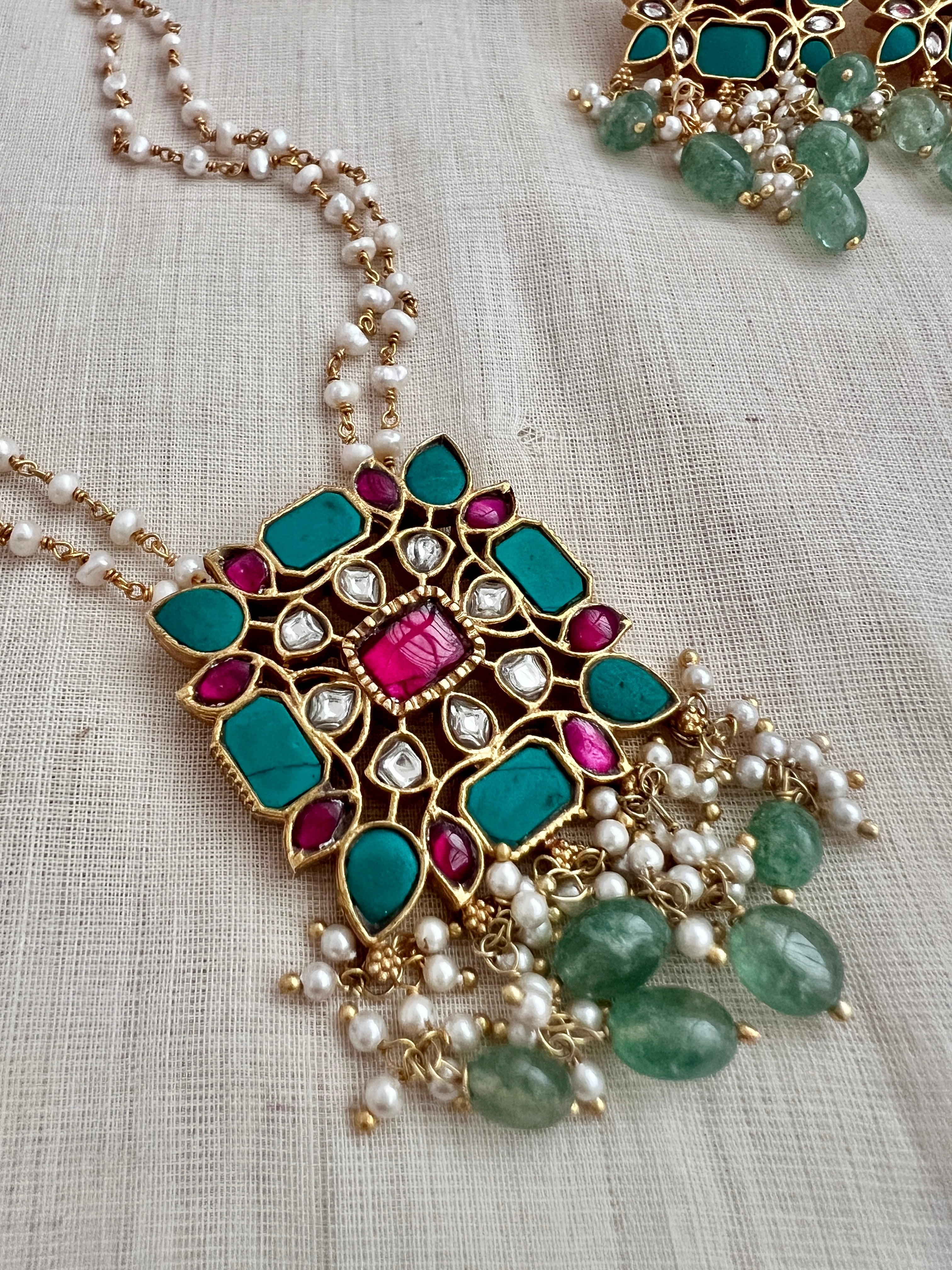 Gold polish turquoise & ruby pendant with pearl chain and earrings SET-Silver Neckpiece-CI-House of Taamara