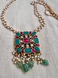 Gold polish turquoise & ruby pendant with pearl chain and earrings SET-Silver Neckpiece-CI-House of Taamara