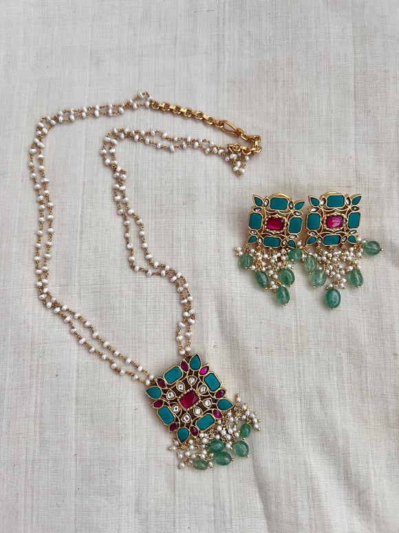 Gold polish turquoise & ruby pendant with pearl chain and earrings SET-Silver Neckpiece-CI-House of Taamara