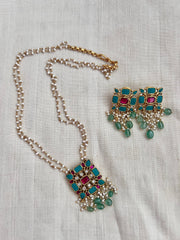 Gold polish turquoise & ruby pendant with pearl chain and earrings SET-Silver Neckpiece-CI-House of Taamara