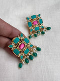 Gold polish turquoise square studs with pearls & emerald beads-Earrings-CI-House of Taamara