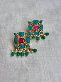 Gold polish turquoise square studs with pearls & emerald beads-Earrings-CI-House of Taamara
