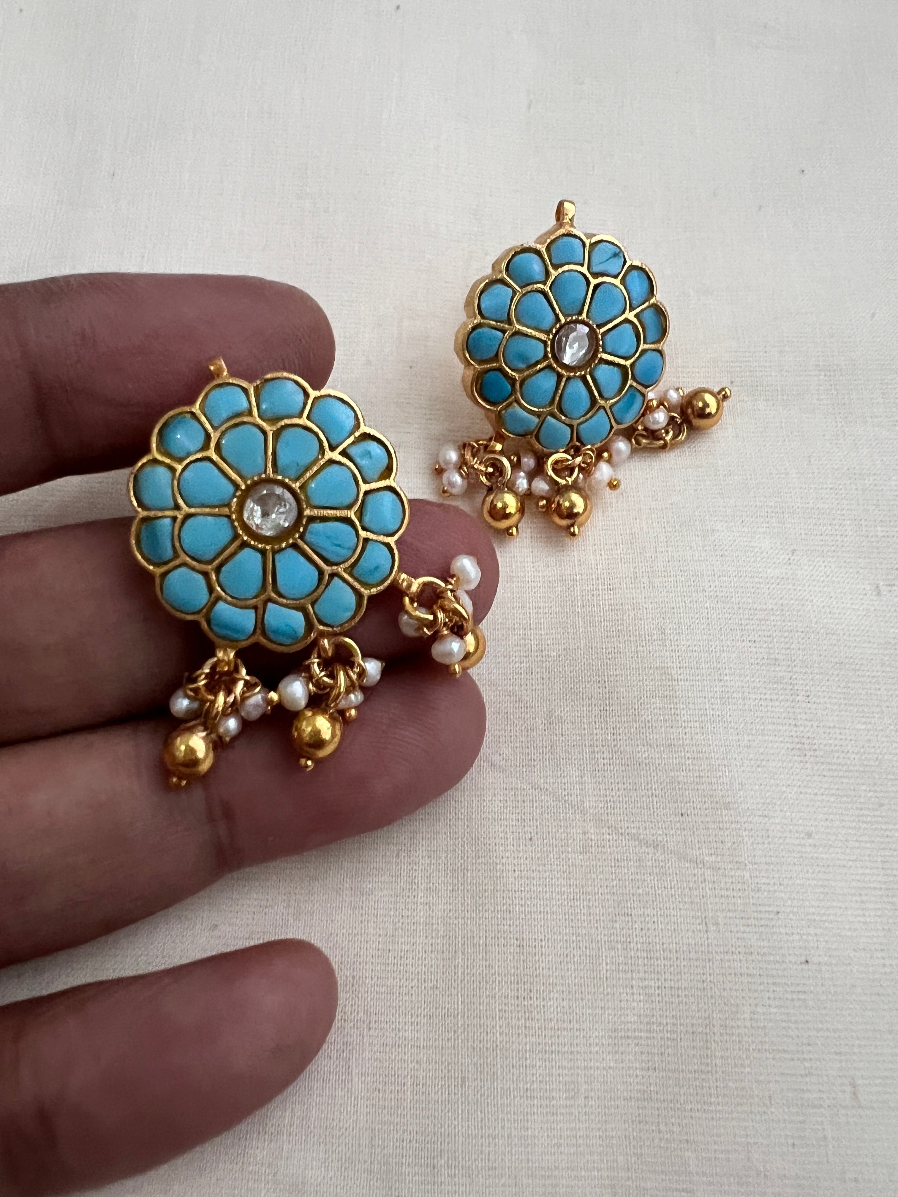 Gold polish turquoise studs with pearls-Earrings-CI-House of Taamara