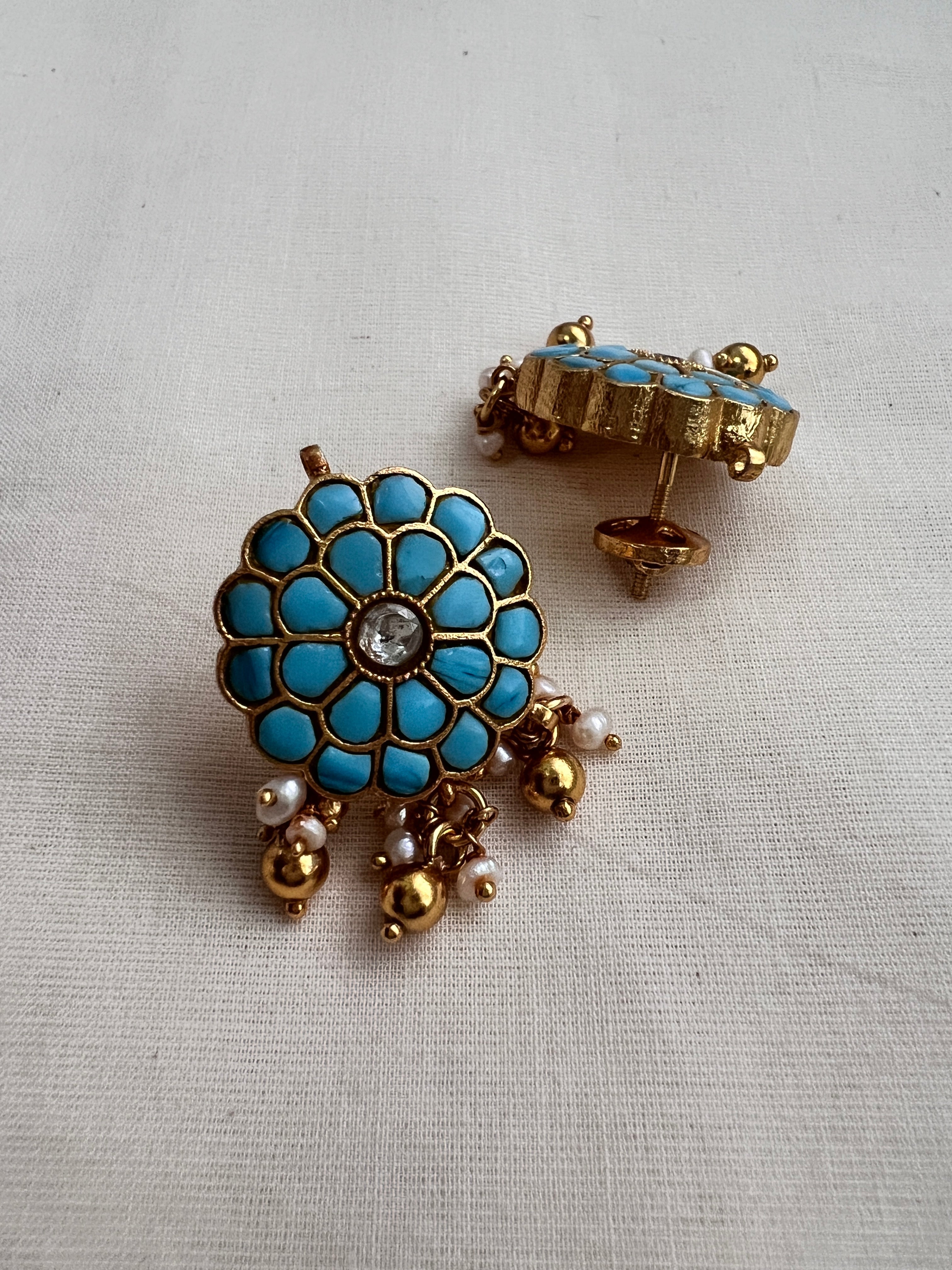 Gold polish turquoise studs with pearls-Earrings-CI-House of Taamara