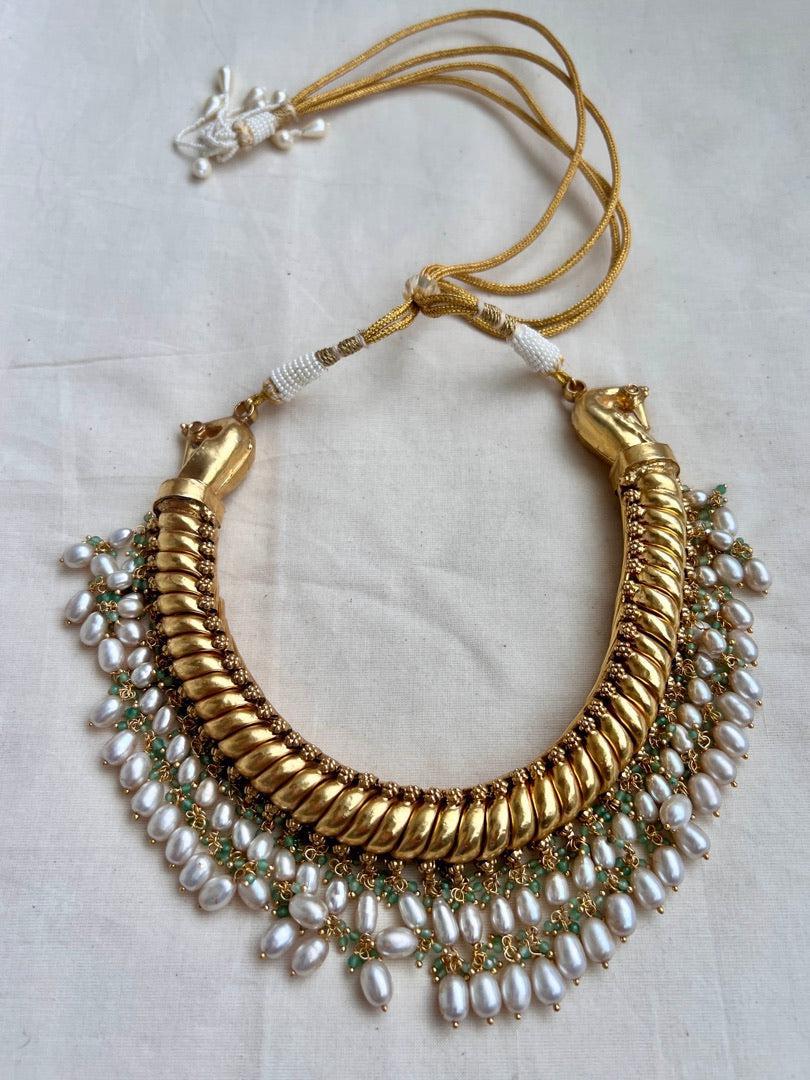 Gold polish twistable & flexible necklace with pearls-Silver Neckpiece-CI-House of Taamara