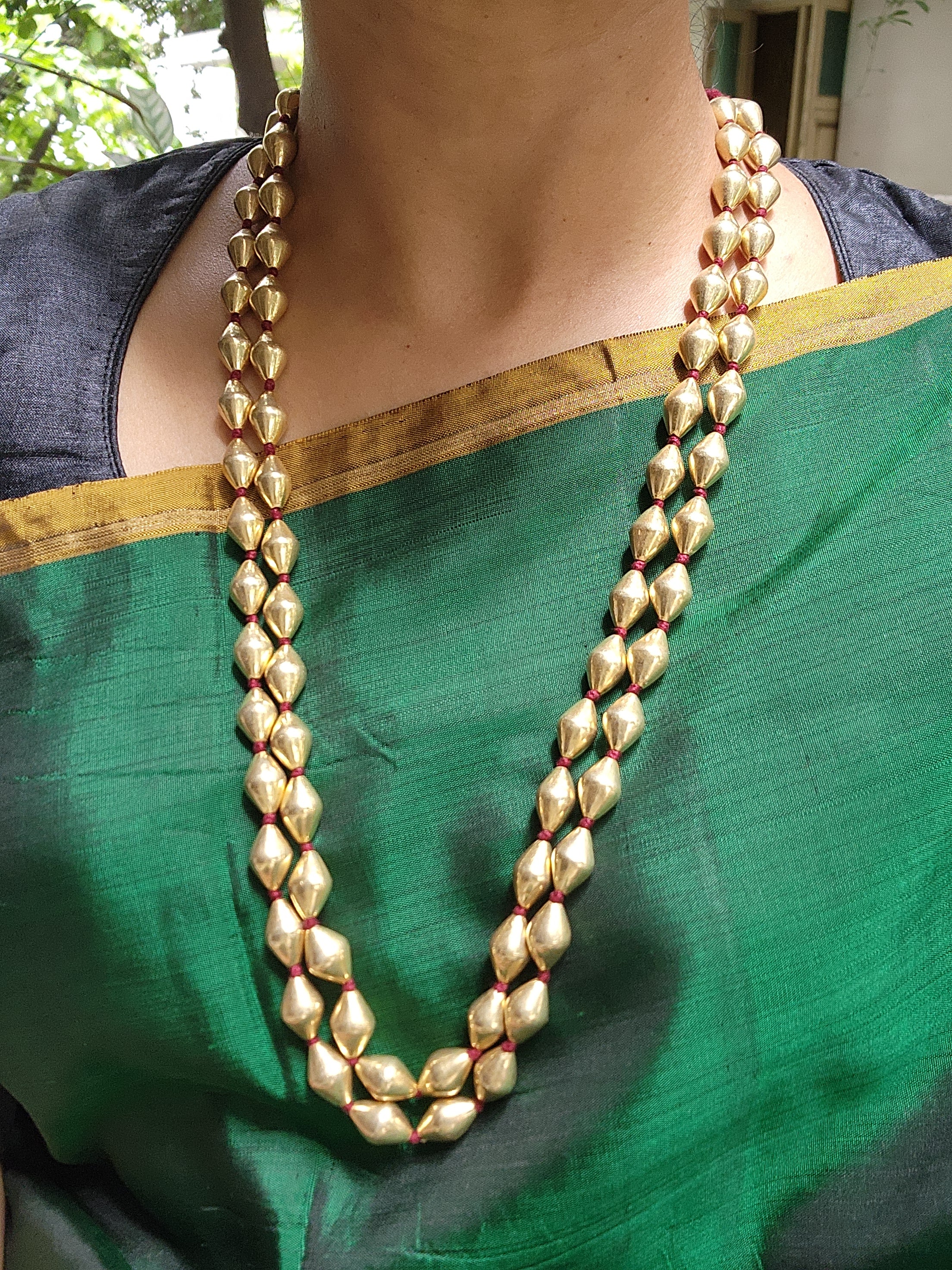 Gold polish two layer dholki beads chain-Silver Neckpiece-CI-House of Taamara