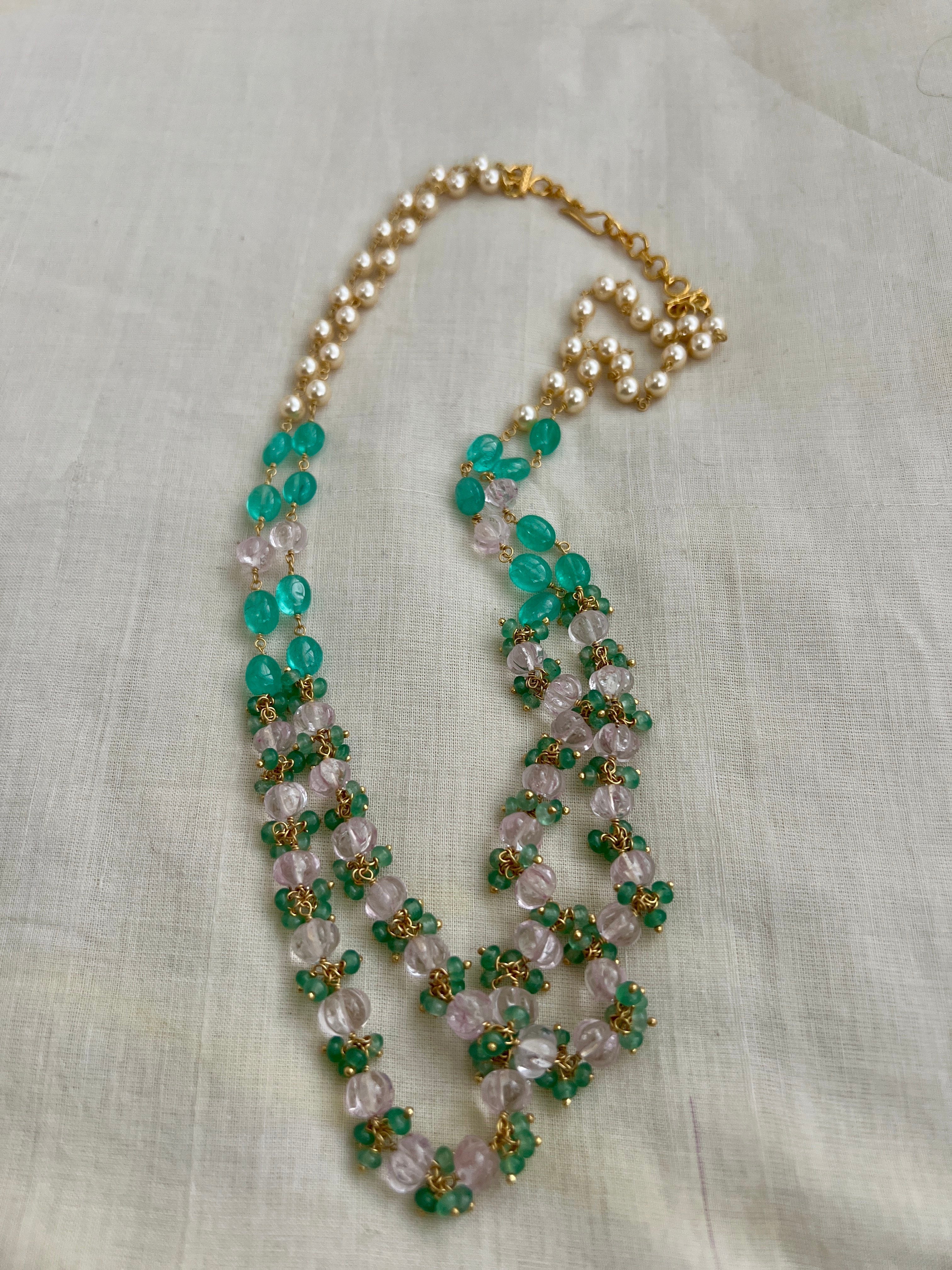 Gold polish two layer pearl chain with green onyx and rose quartz beads-Silver Neckpiece-CI-House of Taamara