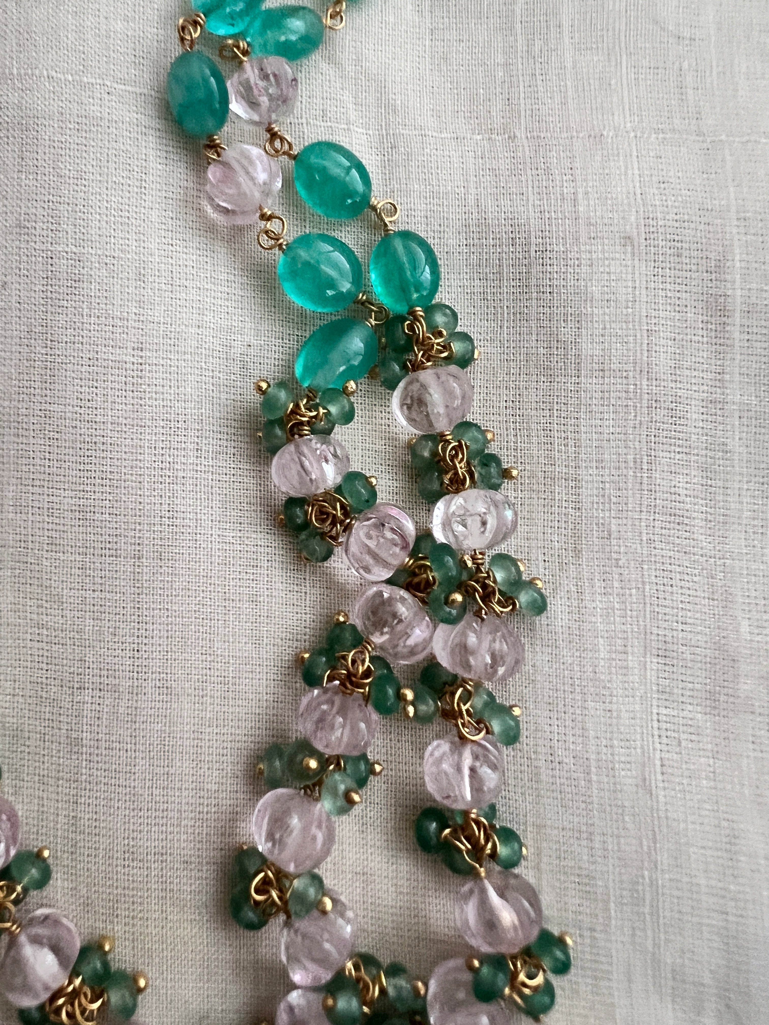 Gold polish two layer pearl chain with green onyx and rose quartz beads-Silver Neckpiece-CI-House of Taamara