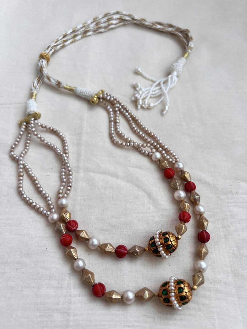 Gold polish two layer step necklace with corals, pearls & kundan-Silver Neckpiece-CI-House of Taamara