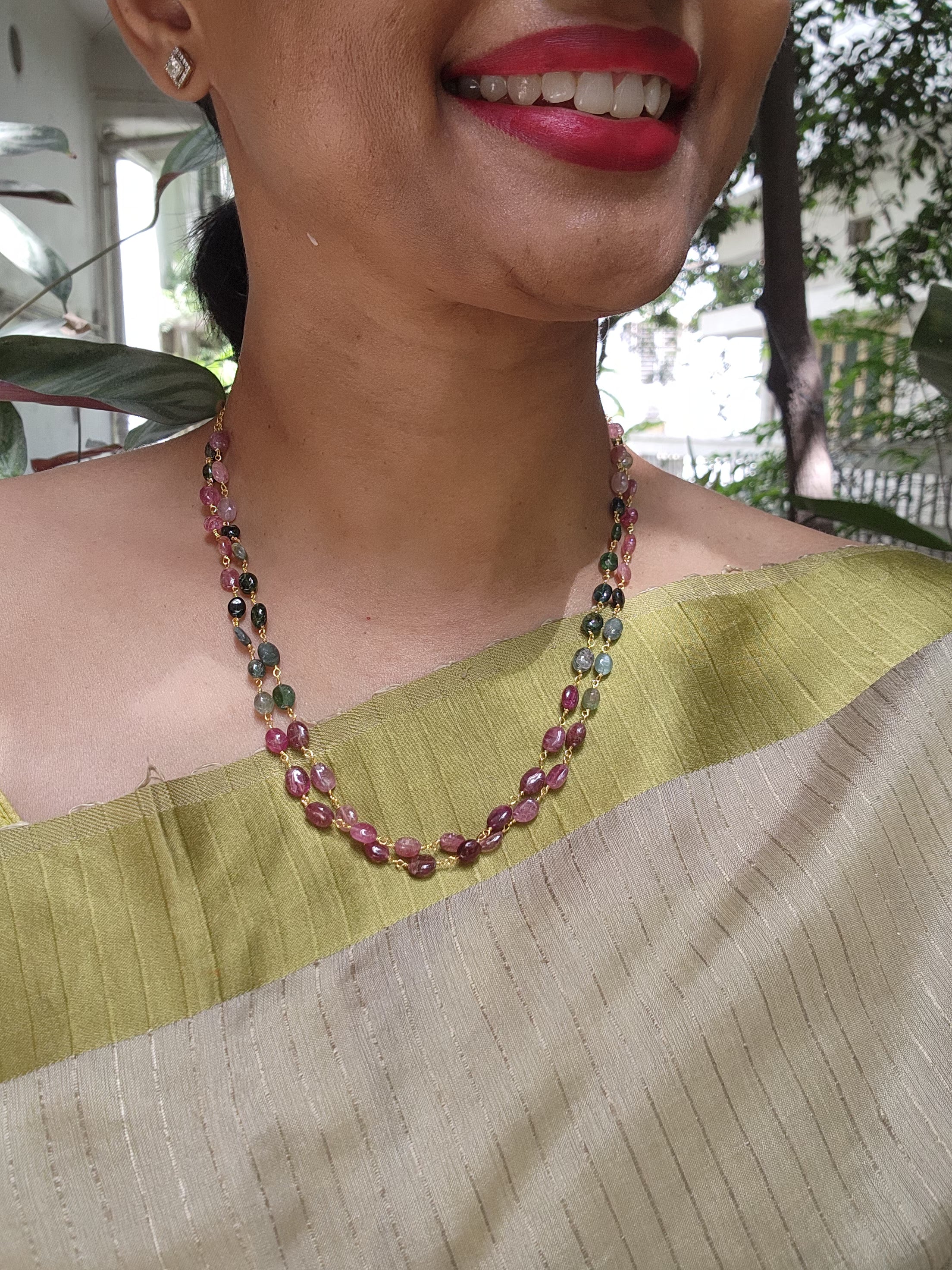 Gold polish two layer tourmaline beads chain-Silver Neckpiece-CI-House of Taamara
