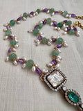 Gold polish victorian moissanite & emerald pendant with amethyst, jade and pearl beads chain-Silver Neckpiece-CI-House of Taamara