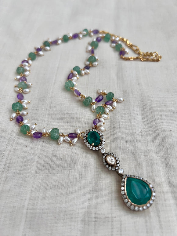 Gold polish victorian moissanite & emerald pendant with amethyst, jade and pearl beads chain-Silver Neckpiece-CI-House of Taamara