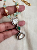 Gold polish victorian moissanite & emerald pendant with jade & pearl beads chain-Silver Neckpiece-CI-House of Taamara