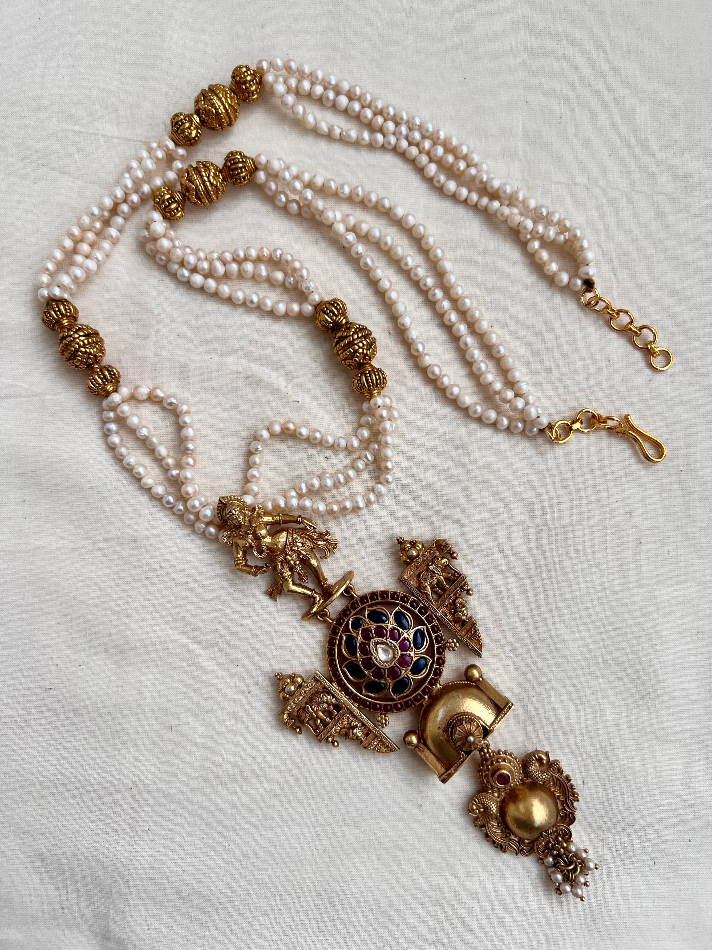 Gold polish vintage style pendant with pearls & beads long chain-Silver Neckpiece-CI-House of Taamara