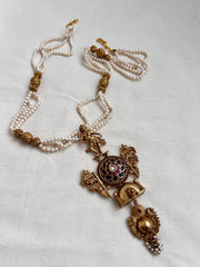 Gold polish vintage style pendant with pearls & beads long chain-Silver Neckpiece-CI-House of Taamara