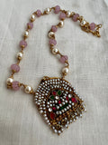 Gold polish vintage style pendant with pearls & rose quartz beads chain-Silver Neckpiece-CI-House of Taamara