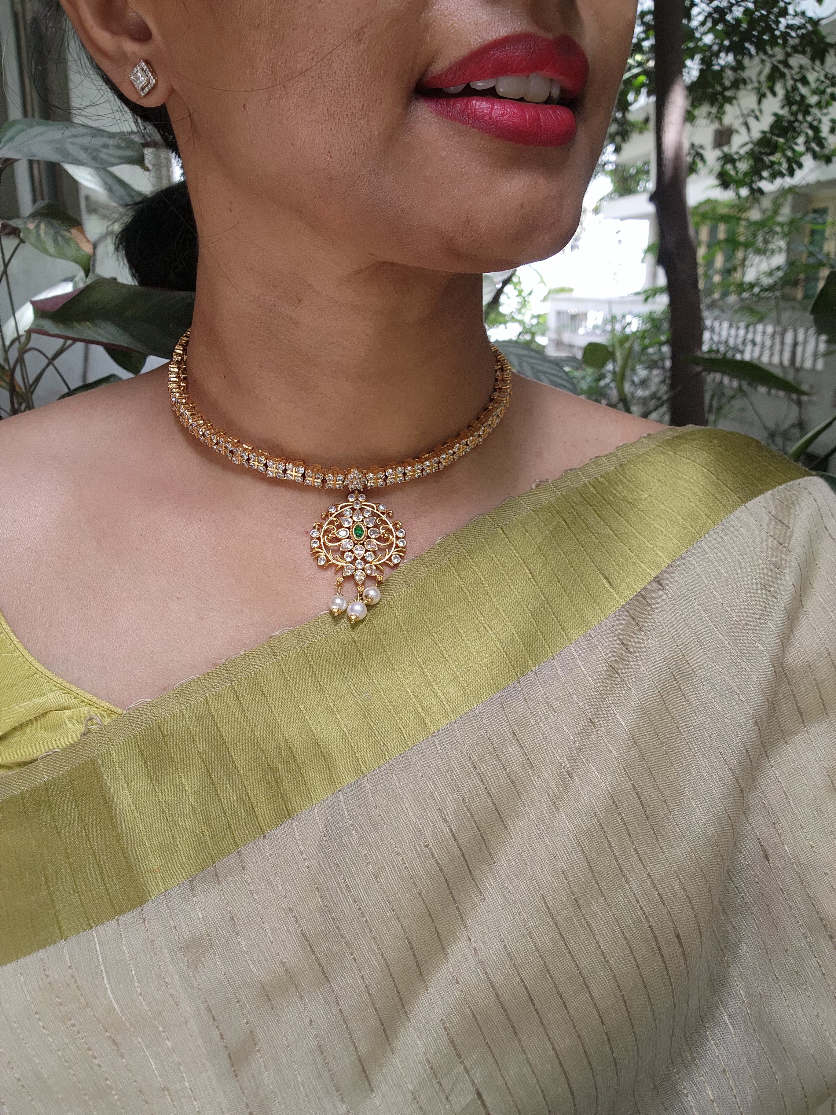 Gold polish zircon adigai necklace-Silver Neckpiece-CI-House of Taamara