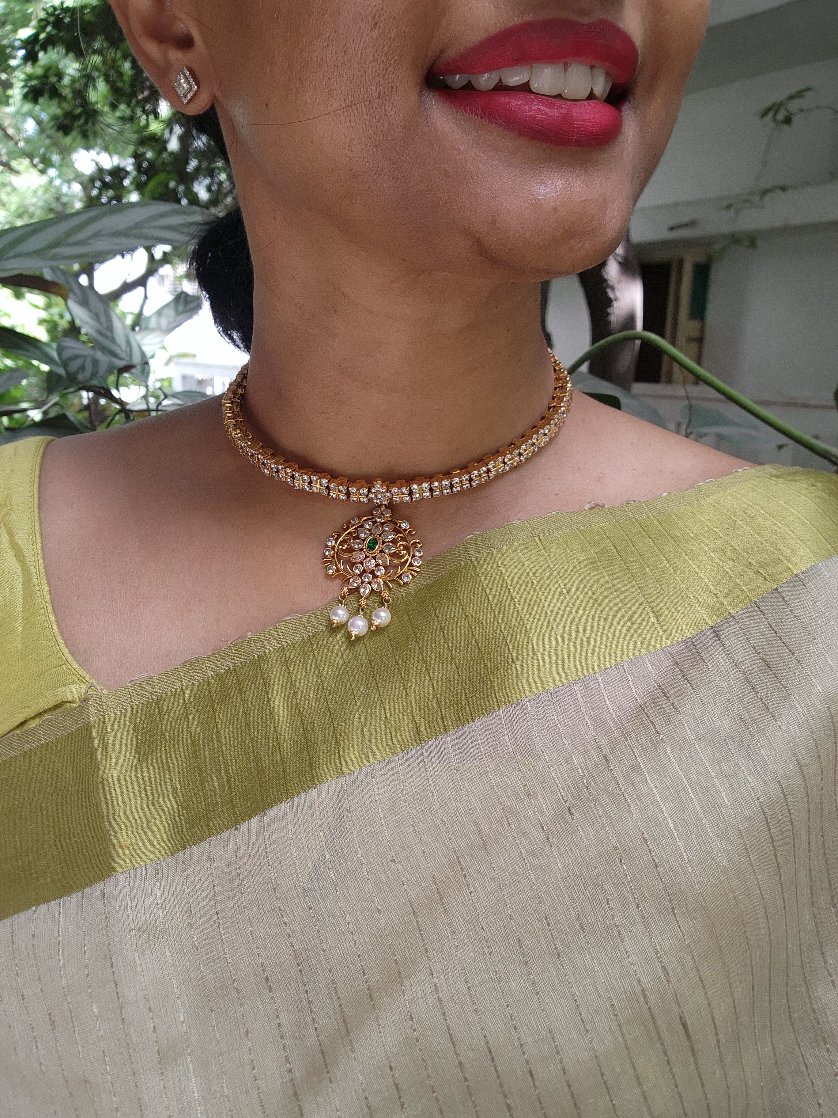 Gold polish zircon adigai necklace-Silver Neckpiece-CI-House of Taamara