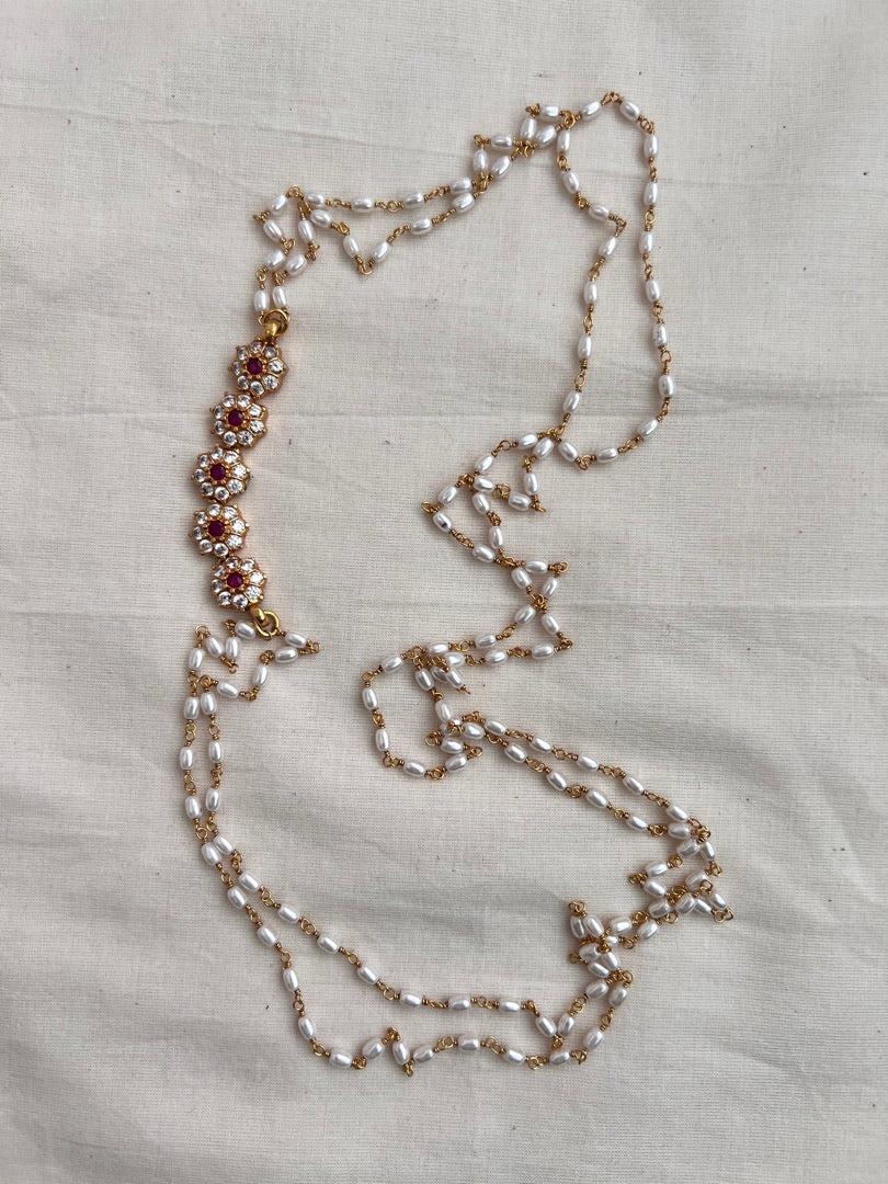 Gold polish zircon and red kemp stone side mope with pearls chain-Silver Neckpiece-CI-House of Taamara