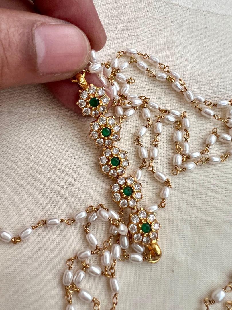 Gold polish zircon & green kemp stone side mope with pearls chain-Silver Neckpiece-CI-House of Taamara