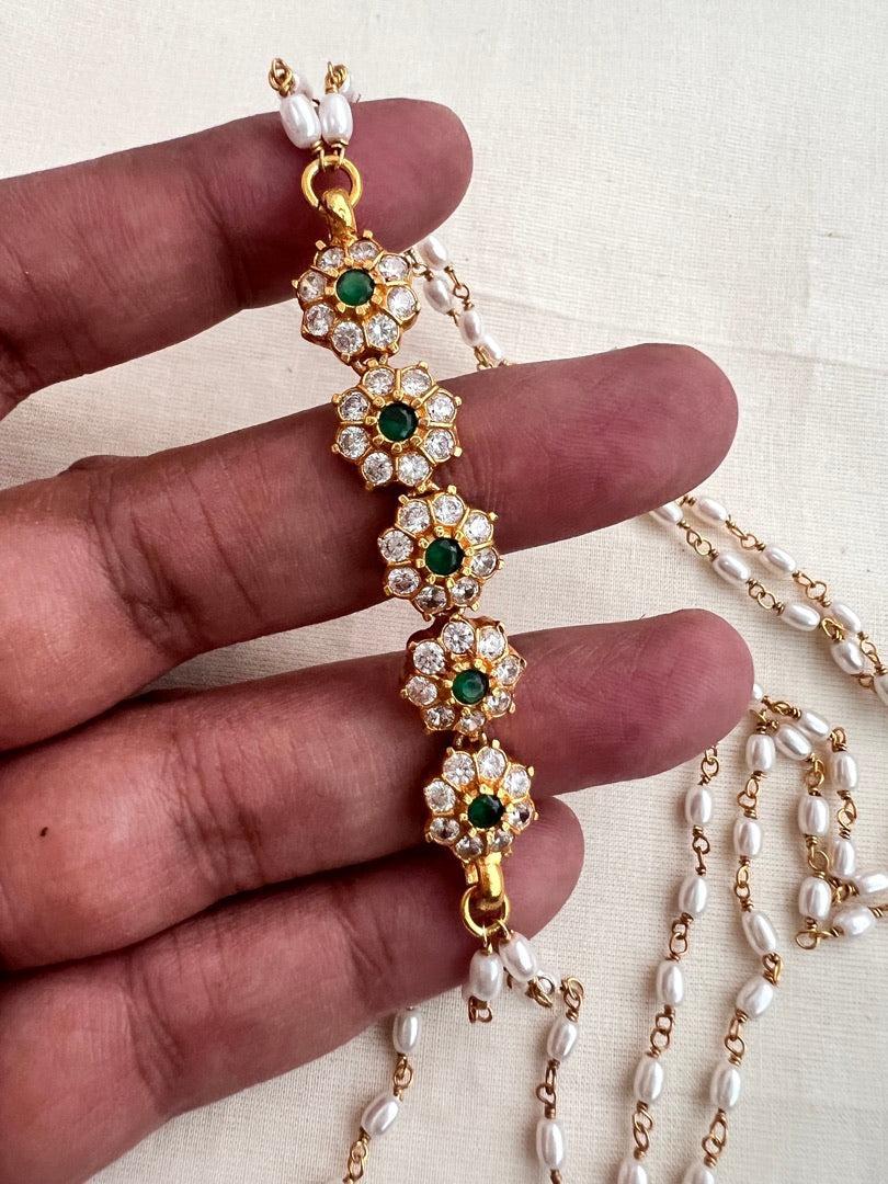 Gold polish zircon & green kemp stone side mope with pearls chain-Silver Neckpiece-CI-House of Taamara