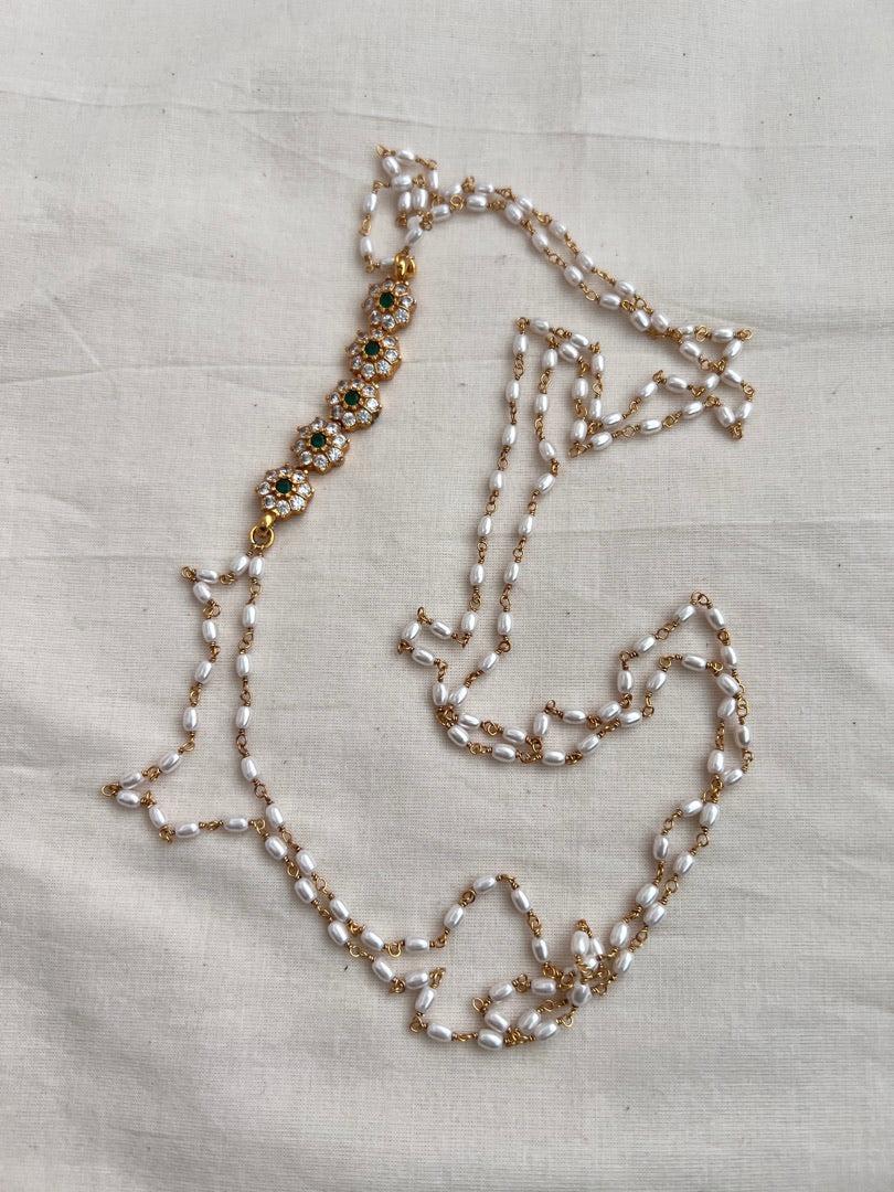 Gold polish zircon & green kemp stone side mope with pearls chain-Silver Neckpiece-CI-House of Taamara