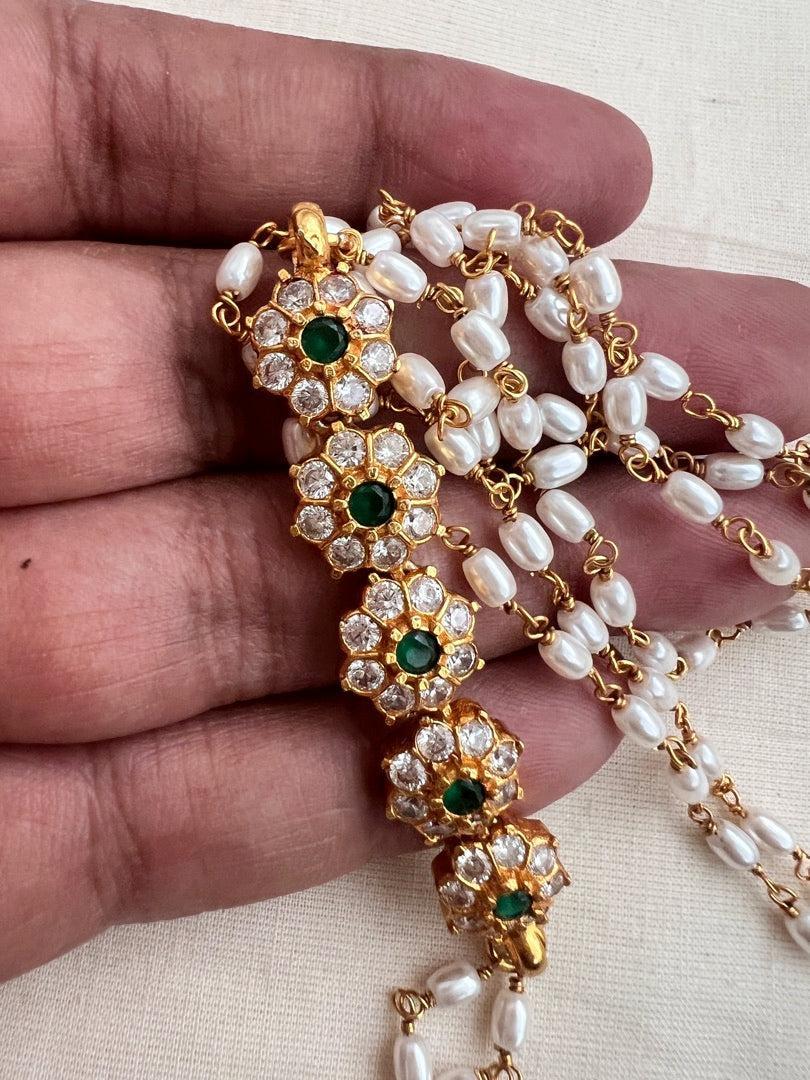 Gold polish zircon & green kemp stone side mope with pearls chain-Silver Neckpiece-CI-House of Taamara