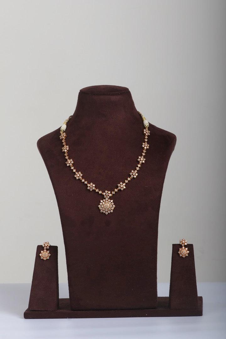 Gold polish zircon necklace with earrings, SET ( MADE TO ORDER)-Silver Neckpiece-CI-House of Taamara