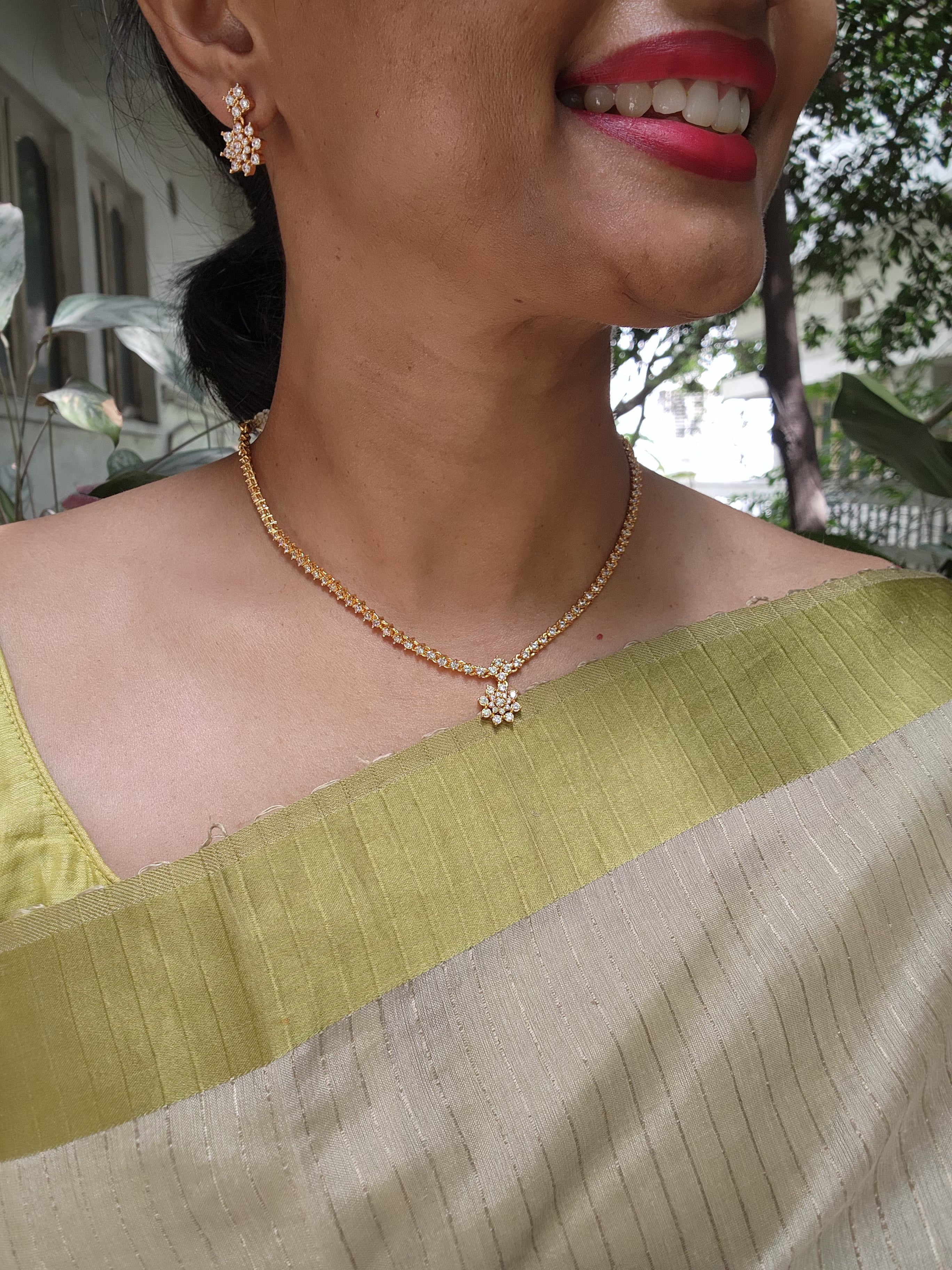 Gold polish zircon necklace with earrings, SET-Silver Neckpiece-CI-House of Taamara
