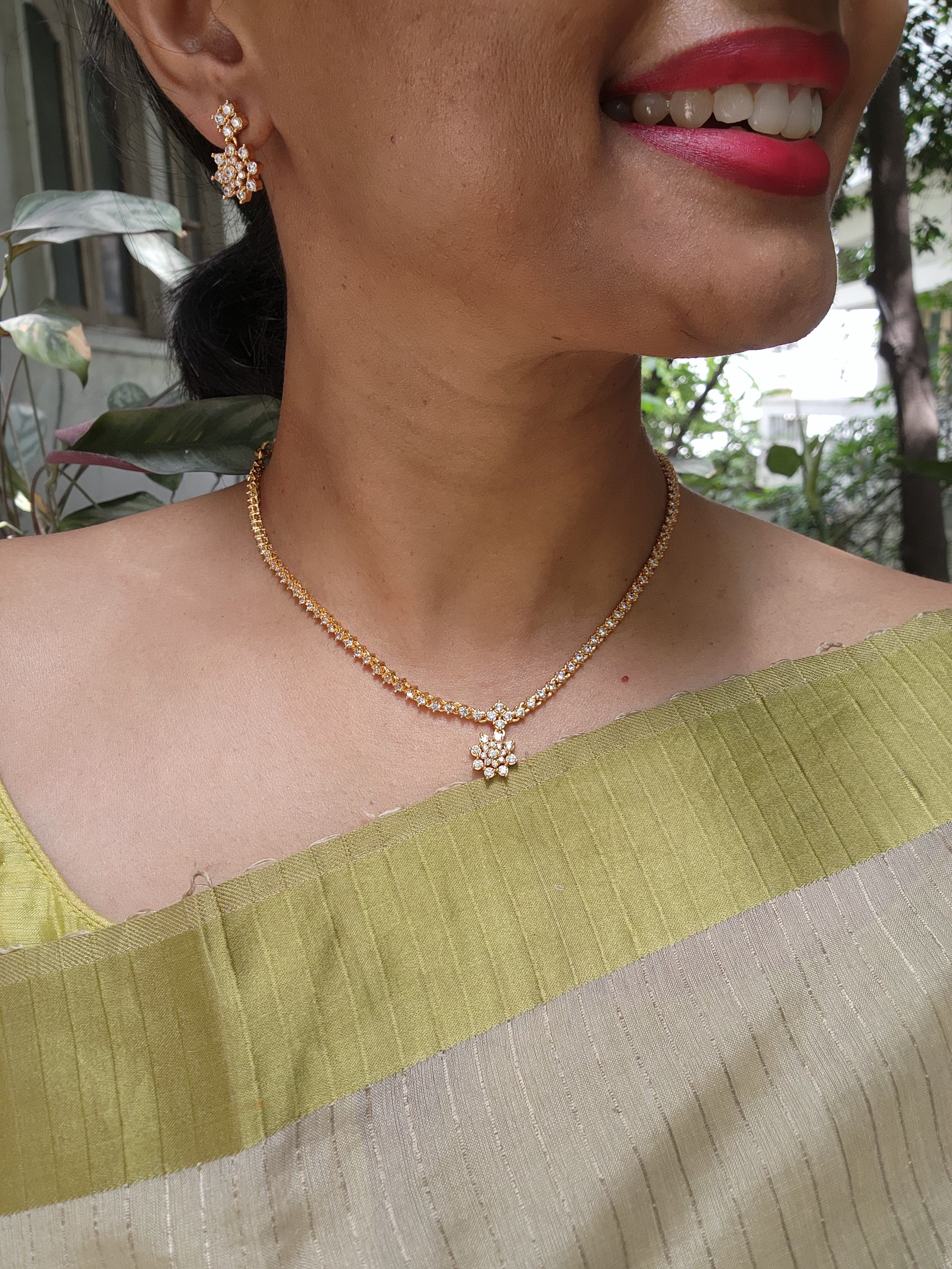 Gold polish zircon necklace with earrings, SET-Silver Neckpiece-CI-House of Taamara