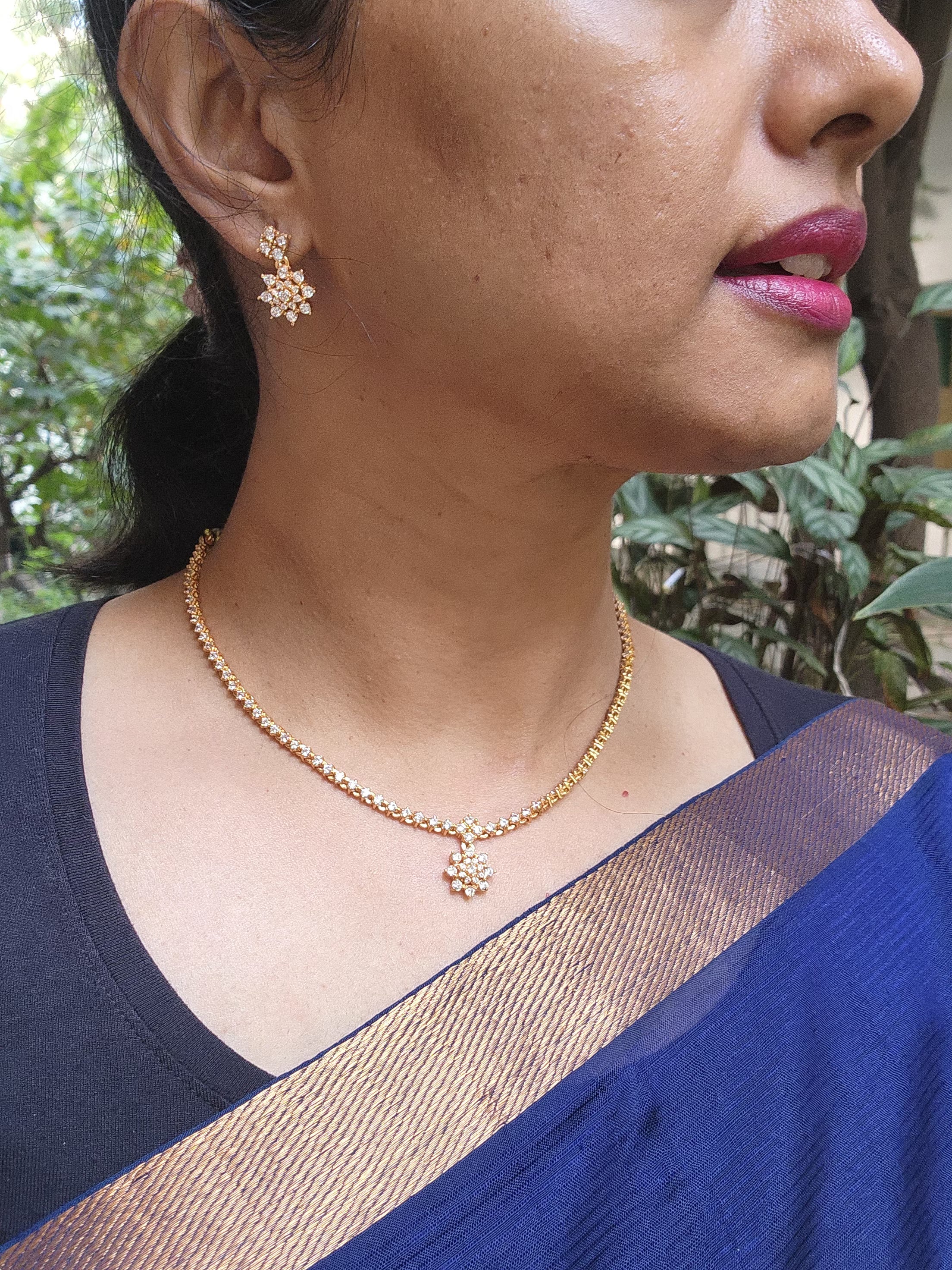 Gold polish zircon necklace with earrings, SET-Silver Neckpiece-CI-House of Taamara