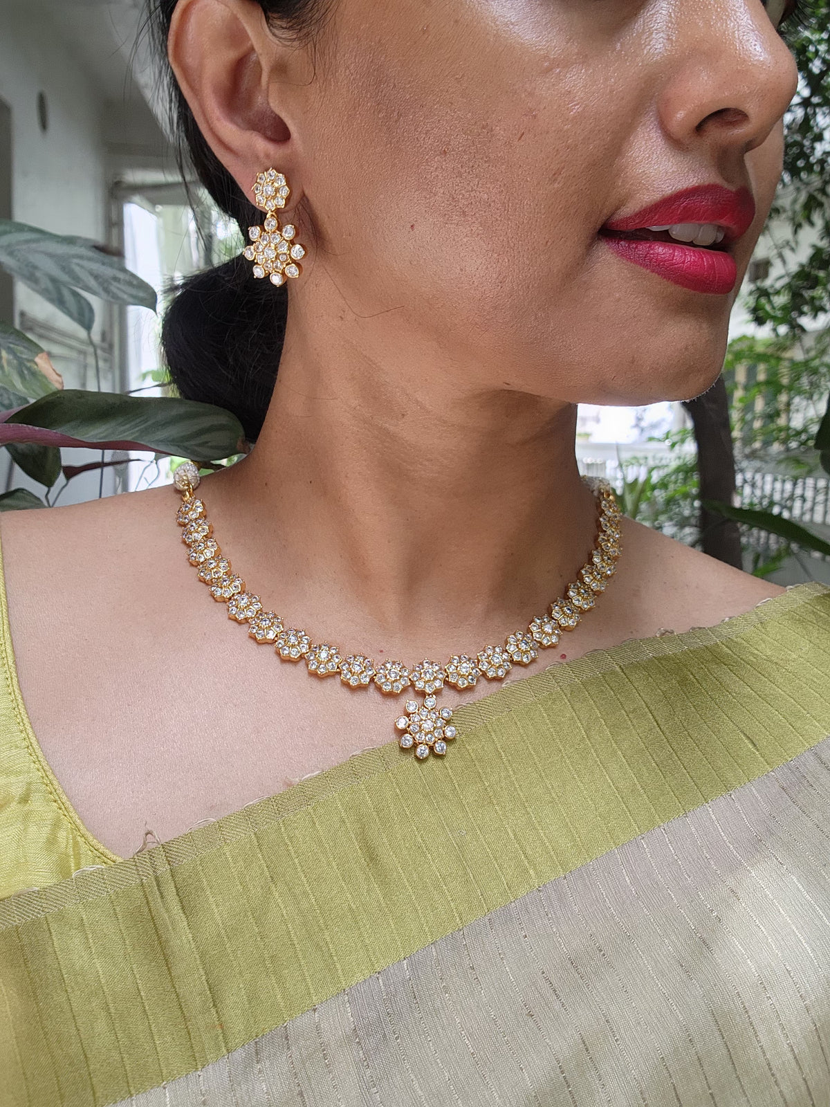 Gold polish zircon necklace with earrings, SET-Silver Neckpiece-CI-House of Taamara