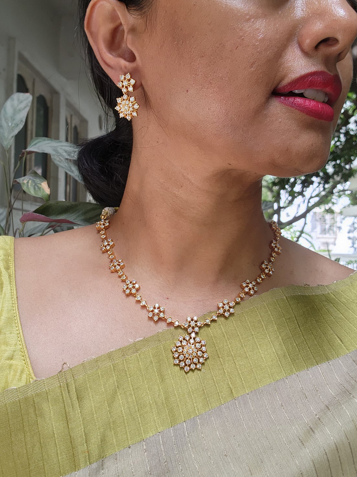 Gold polish zircon necklace with earrings, SET-Silver Neckpiece-CI-House of Taamara