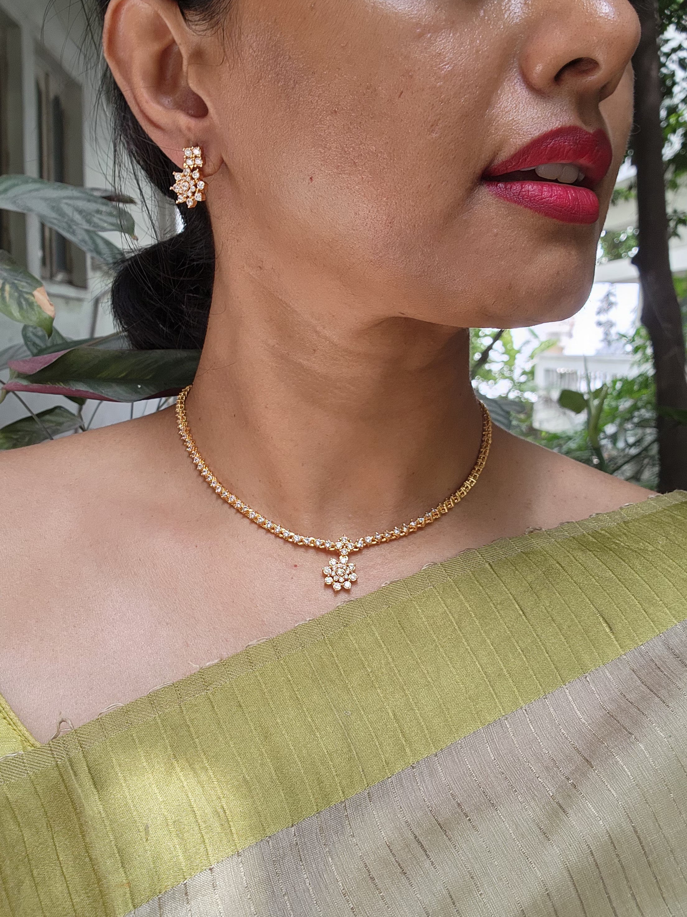 Gold polish zircon necklace with earrings, SET-Silver Neckpiece-CI-House of Taamara