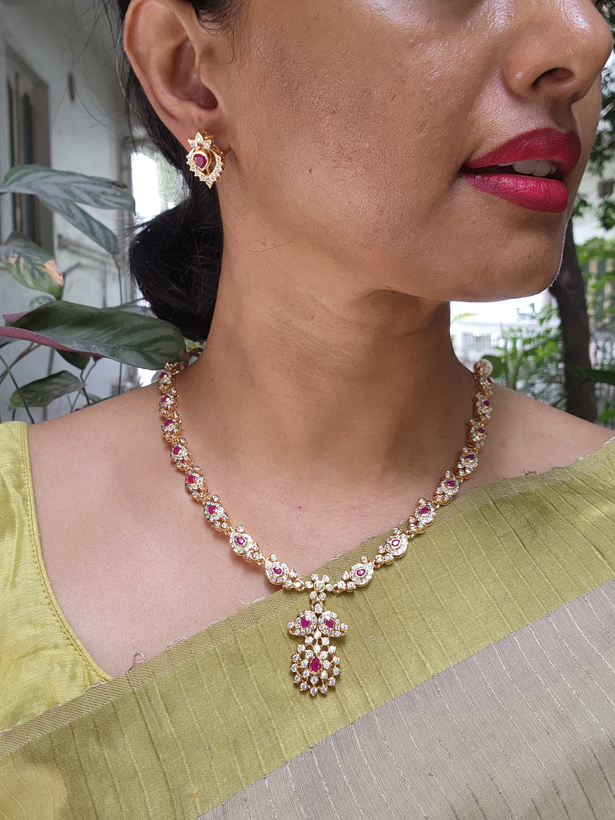 Gold polish zircon necklace with earrings, SET-Silver Neckpiece-CI-House of Taamara