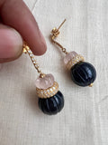 Gold polish zircon studs with black onyx & rose quartz beads-Earrings-CI-House of Taamara