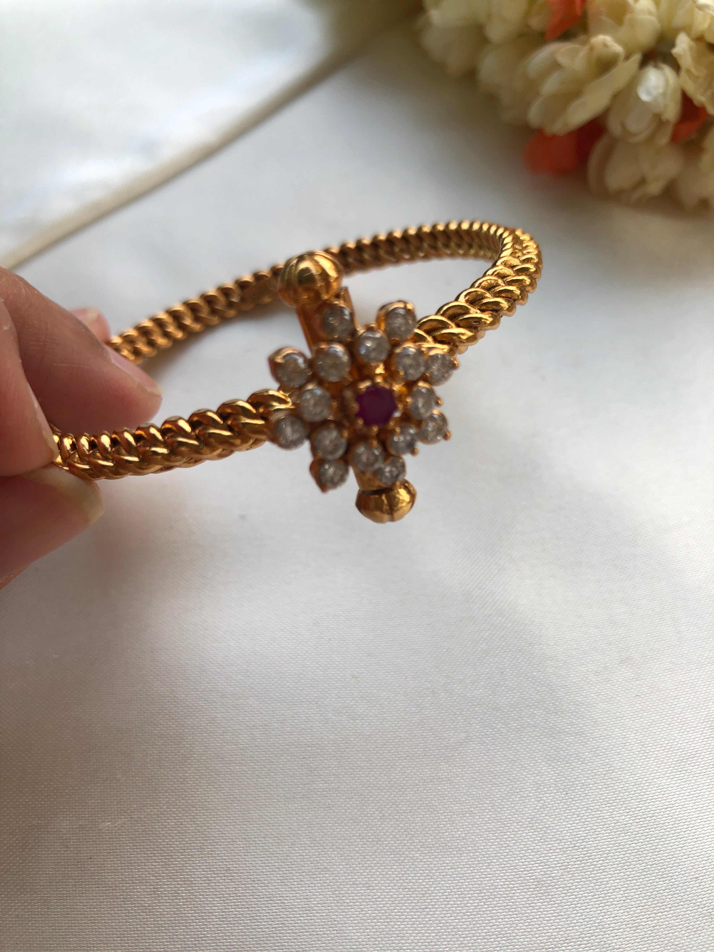 Golusu bangle with Zircon & ruby flower with screw, 2.2-Silver Bracelet-PL-House of Taamara
