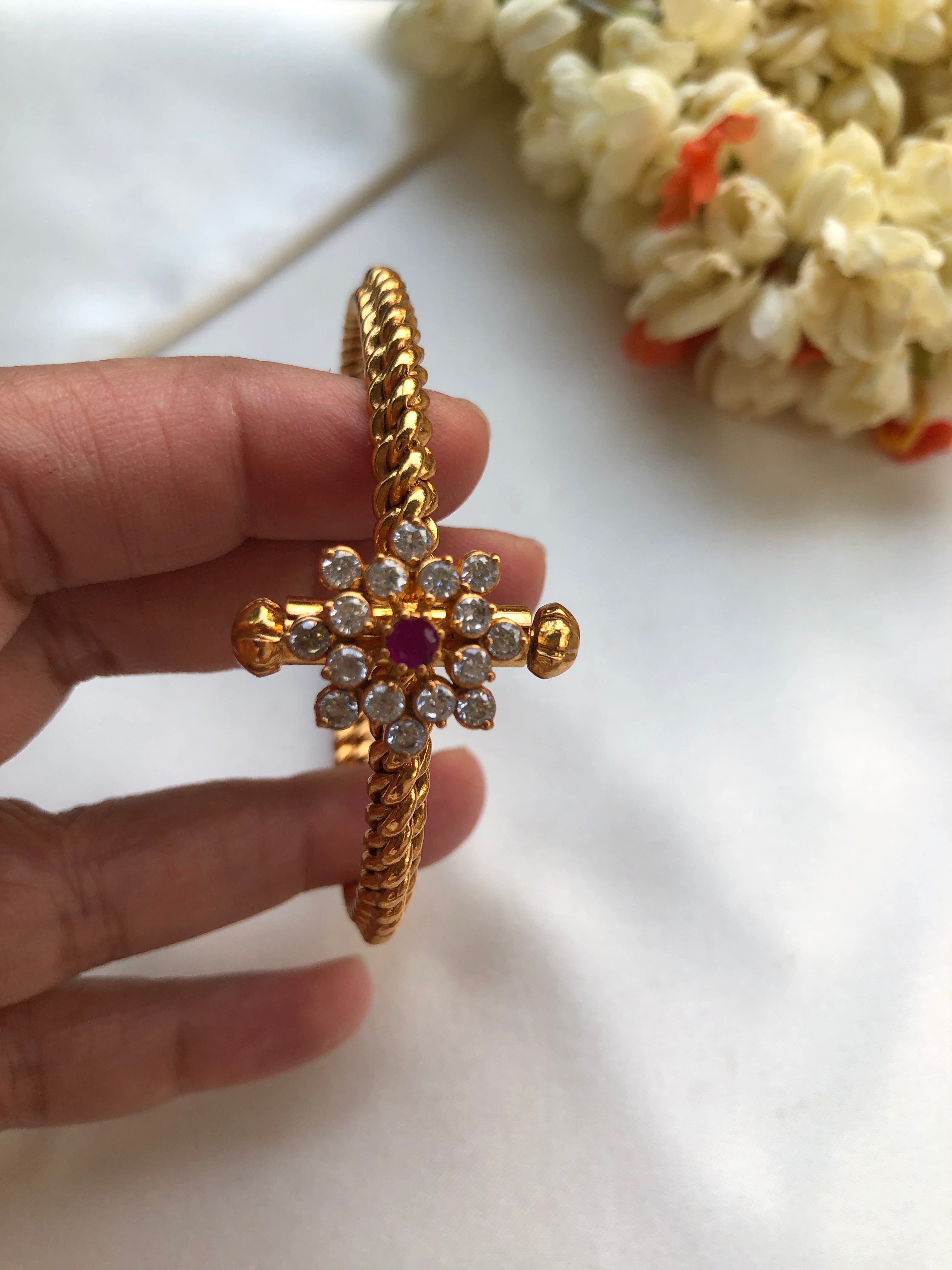 Golusu bangle with Zircon & ruby flower with screw, 2.2-Silver Bracelet-PL-House of Taamara