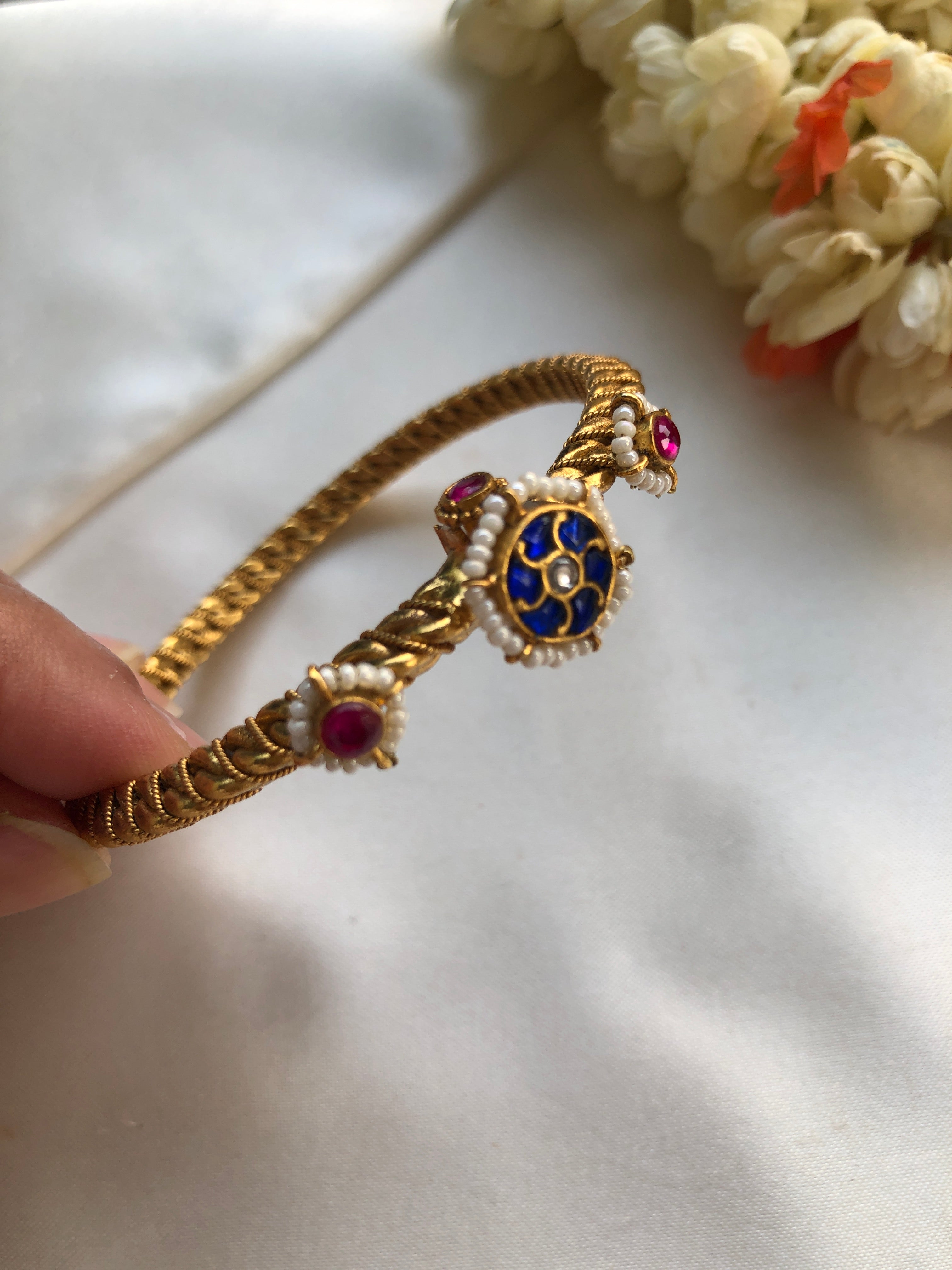 Golusu bangle with blue kundan & ruby with screw, 2.3-Silver Bracelet-PL-House of Taamara